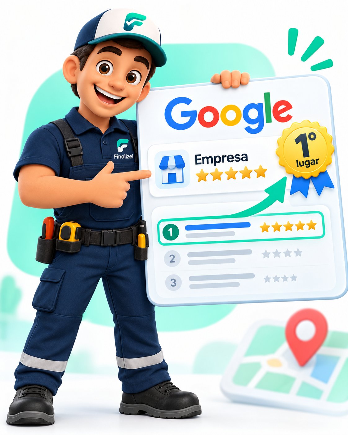 Mascote Finalizei mostrando uma empresa bem avaliada no Google